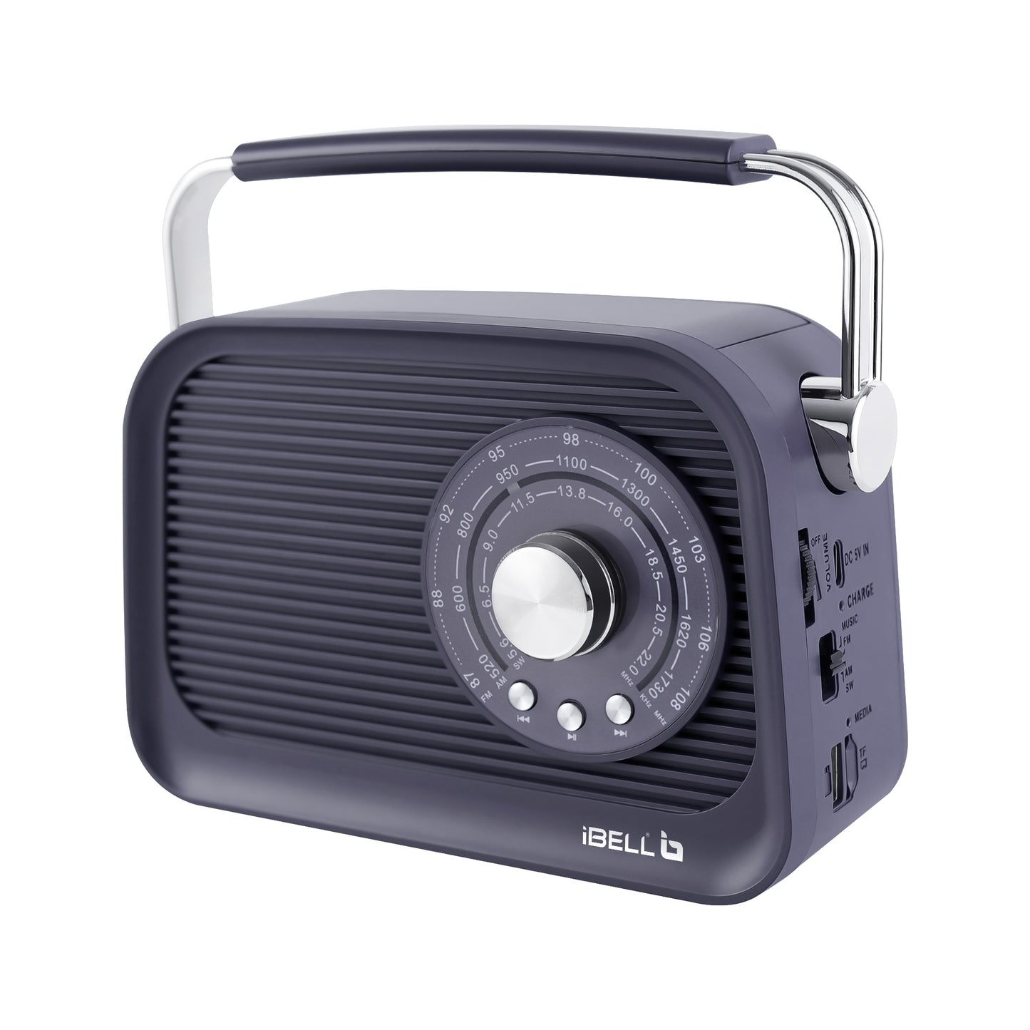 iBELL FM770BT Portable FM Radio with Bluetooth Speaker, AM/FM/SW 3-Band Tuner, USB & Micro TF Slot, MP3 Playback, Rechargeable Battery, Telescopic Antenna – Retro Style (Grey)