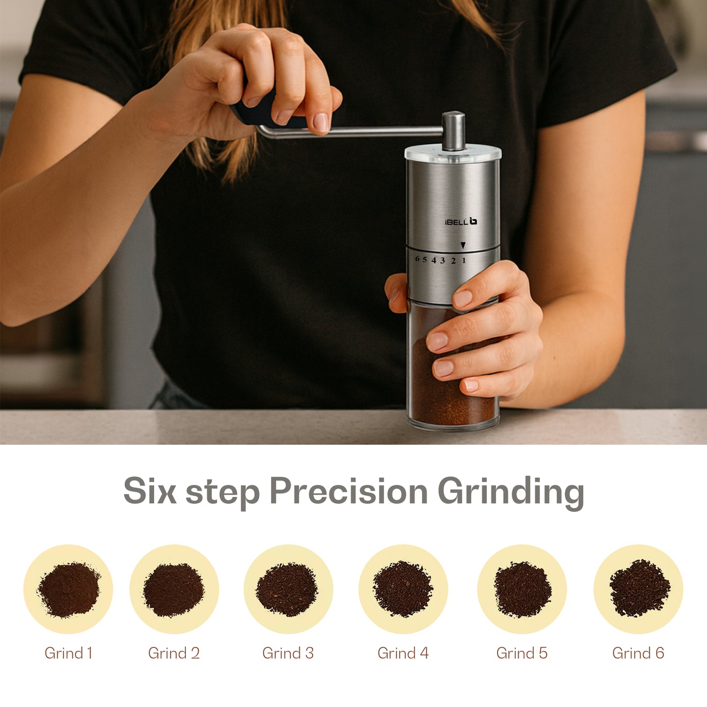 IBELL GRINDX6 Manual Coffee Grinder, Stainless Steel, 6 Adjustable Settings, Espresso, Drip Coffee, Whole Beans, Glass Jar, Ceramic Conical Burrs, Detachable Handle, (Silver)