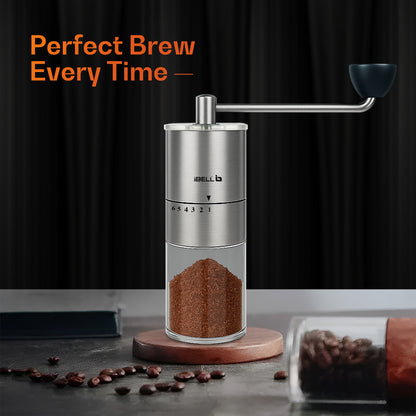 IBELL GRINDX6 Manual Coffee Grinder, Stainless Steel, 6 Adjustable Settings, Espresso, Drip Coffee, Whole Beans, Glass Jar, Ceramic Conical Burrs, Detachable Handle, (Silver)