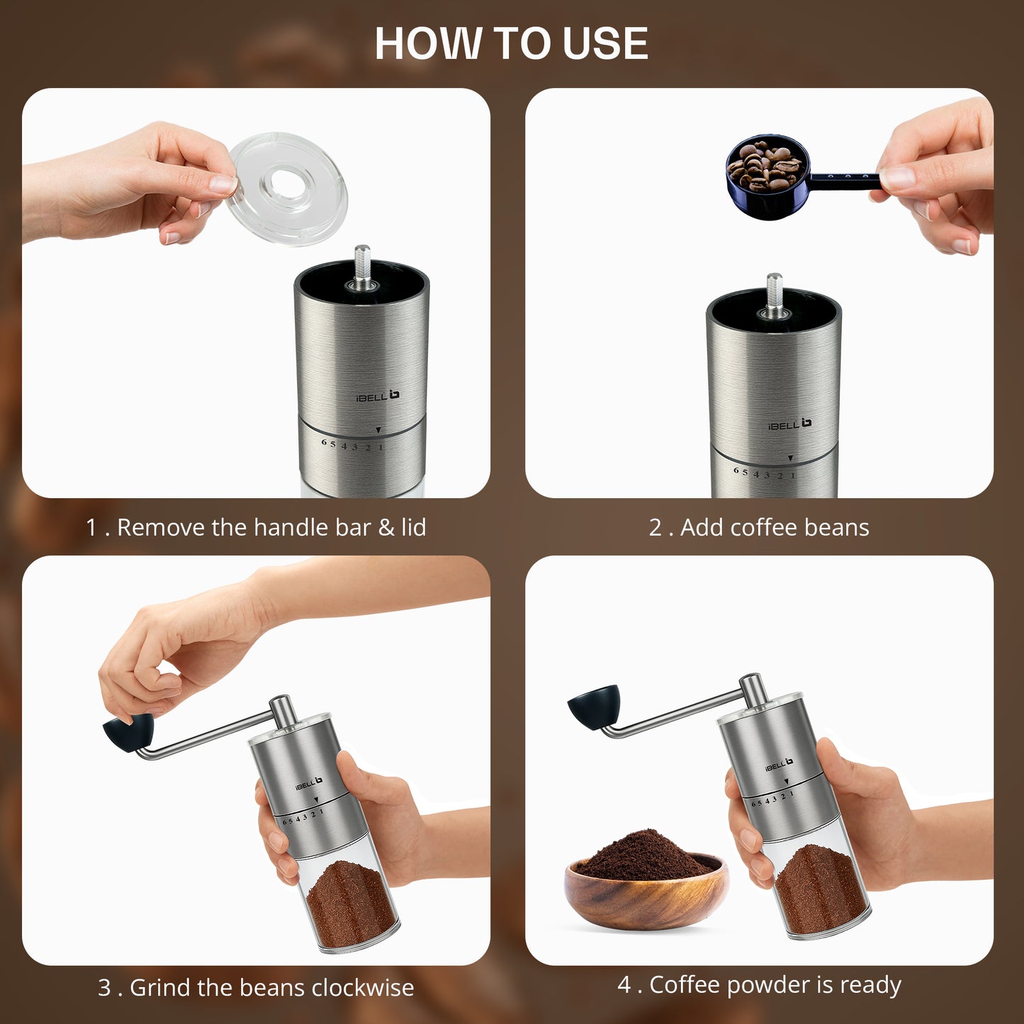 IBELL GRINDX6 Manual Coffee Grinder, Stainless Steel, 6 Adjustable Settings, Espresso, Drip Coffee, Whole Beans, Glass Jar, Ceramic Conical Burrs, Detachable Handle, (Silver)