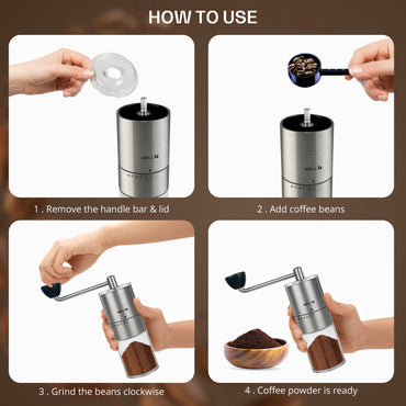 IBELL GRINDX6 Manual Coffee Grinder, Stainless Steel, 6 Adjustable Settings, Espresso, Drip Coffee, Whole Beans, Glass Jar, Ceramic Conical Burrs, Detachable Handle, (Silver)