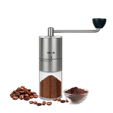 IBELL GRINDX6 Manual Coffee Grinder, Stainless Steel, 6 Adjustable Settings, Espresso, Drip Coffee, Whole Beans, Glass Jar, Ceramic Conical Burrs, Detachable Handle, (Silver)