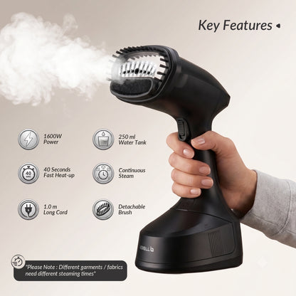 IBELL GS260MBLK Garment Steamer for Clothes, 1600W Handheld Clothes Steamer, Steam Iron Portable, 250ml Water Tank, Fast Heat up, Detachable Fabric Brush, Fast Wrinkle Removal, 2 Year Warranty