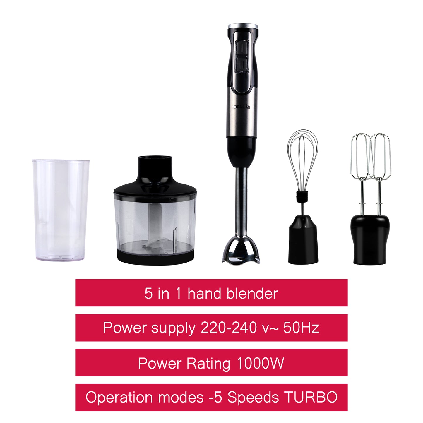 iBELL HB1000J 5-in-1 Hand Blender, 1000Watt, Adjustable Speed Control, Hand Mixer with Whisker/Beater, Immersion Blender, Vegetable Chopper & 600ml Container (Black)