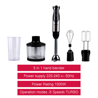 iBELL HB1000J 5-in-1 Hand Blender, 1000Watt, Adjustable Speed Control, Hand Mixer with Whisker/Beater, Immersion Blender, Vegetable Chopper & 600ml Container (Black)