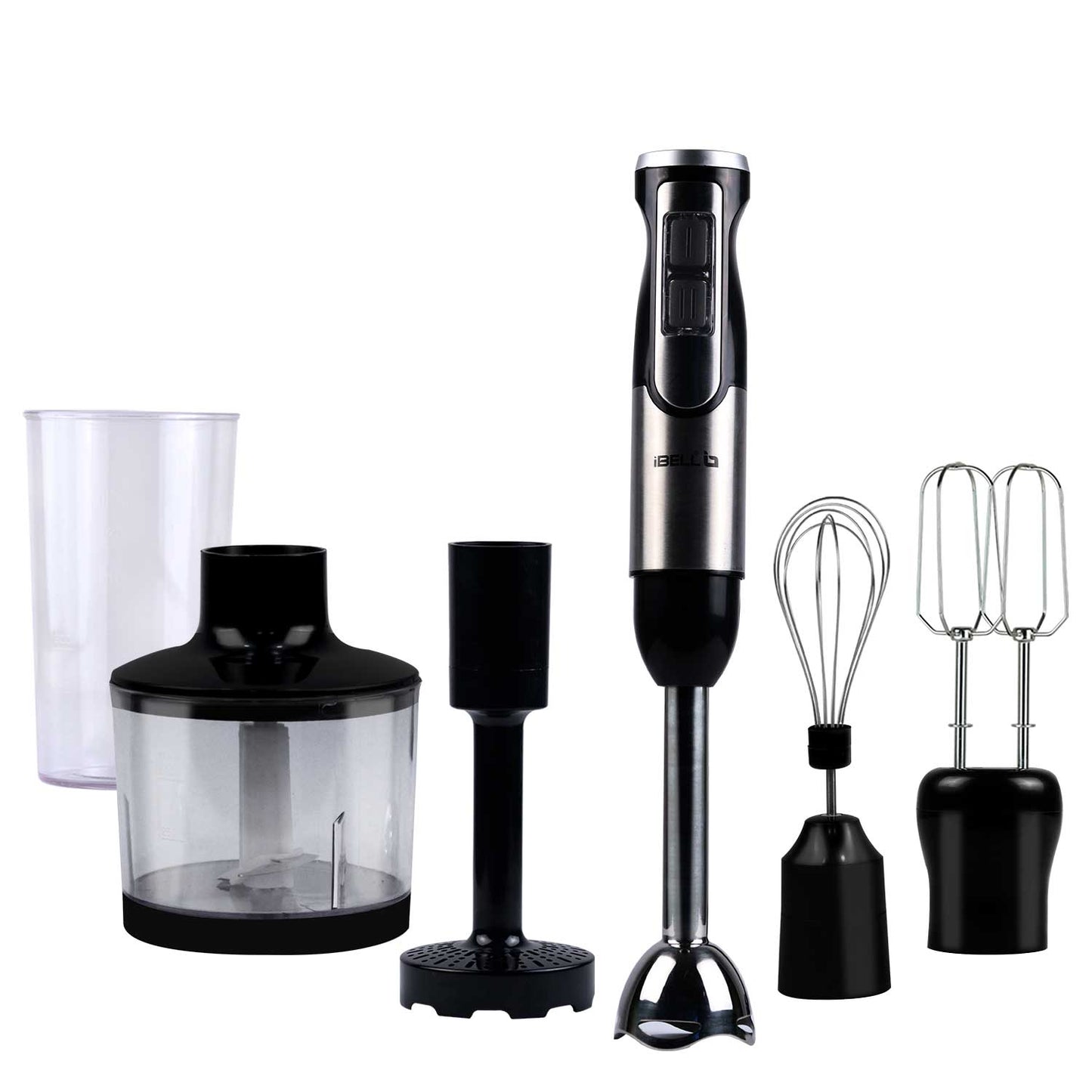 iBELL HB1000J 5-in-1 Hand Blender, 1000Watt, Adjustable Speed Control, Hand Mixer with Whisker/Beater, Immersion Blender, Vegetable Chopper & 600ml Container (Black)