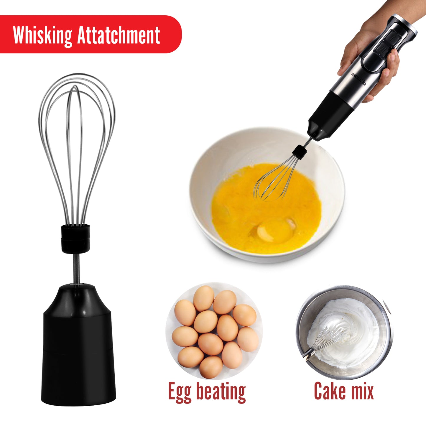 iBELL HB1000J 6-in-1 Hand Blender | 1000W Electric Hand Blender Mixer with Adjustable Speed, Immersion Blender, Whisk, Beater, Chopper, Slicer & 600ml Container (Black)