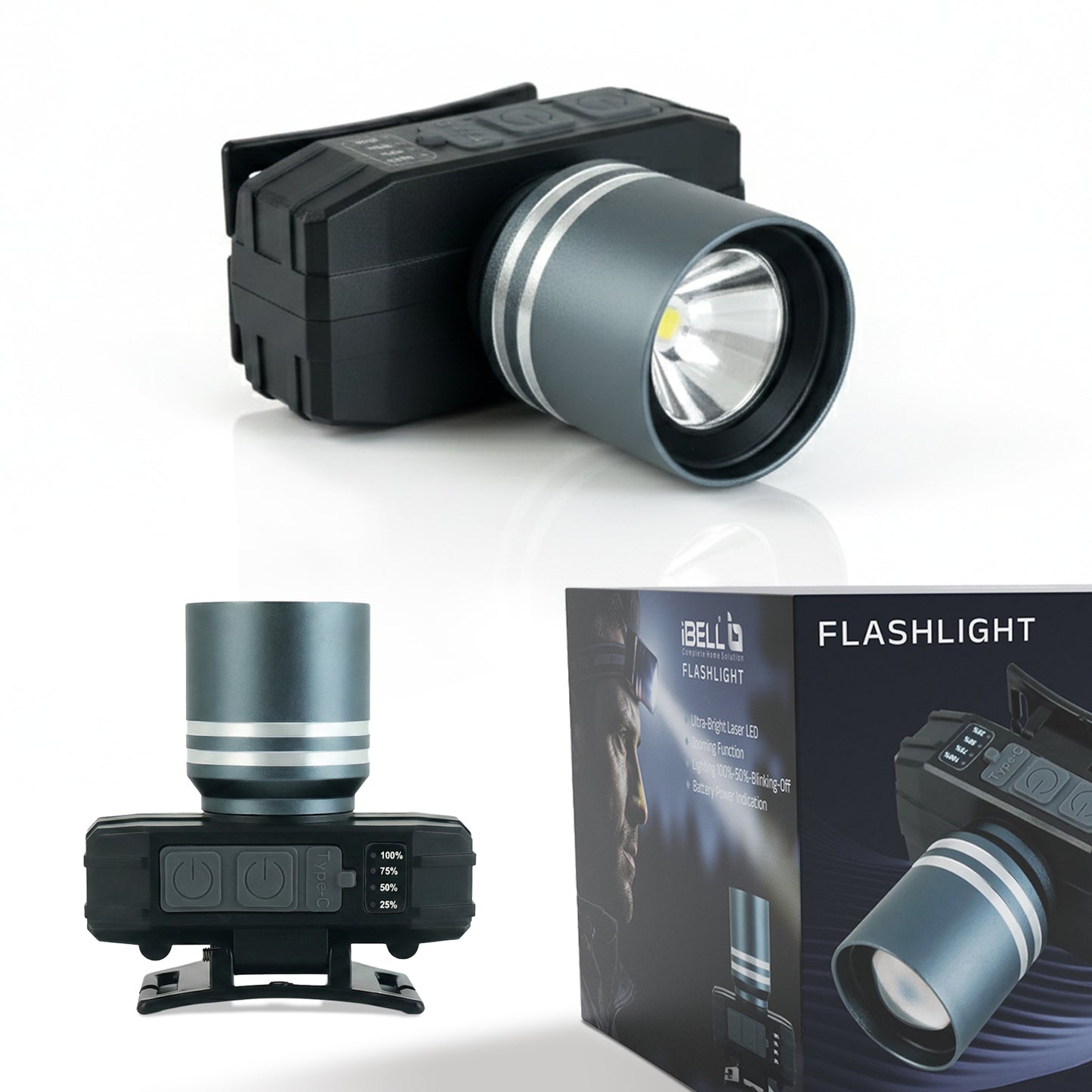 IBELL HL8185S Headlamp Torch with Headband, Rechargeable, LED with 3 Light Modes, Zooming Function, Type C Charging, Battery Power Indication, for Cycling, Trekking, Camping (Black)