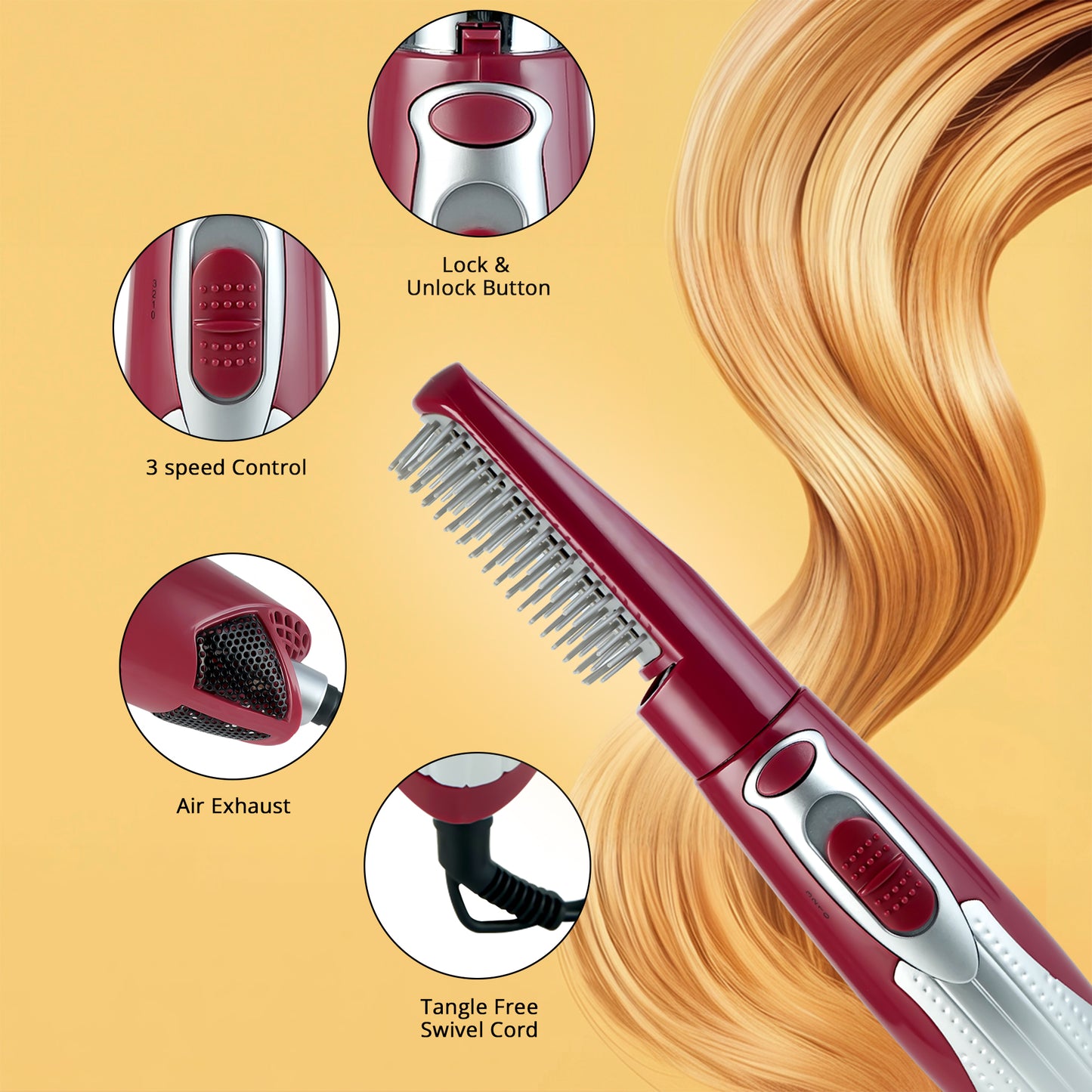 IBELL Hair Straightening Brush for Women | 3-in-1 Hot Air Brush for Styling, Drying & Straightening | Ceramic Bristles, 3 Speed Settings, Smooth Salon Finish | Ideal for Everyday Hair Care, 1-Year Warranty