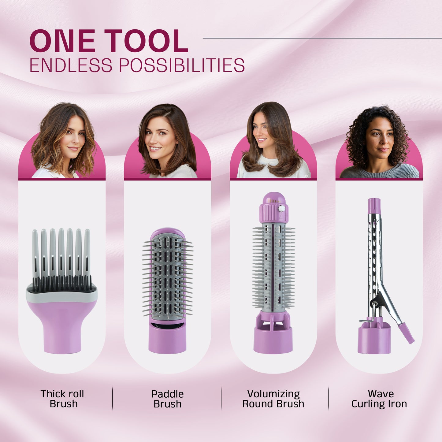 IBELL 4 in 1 Hair Styler for Women – Complete Styling Kit with Hair Styler Brush, Paddle Brush, Volumizing Round Brush & Curling Iron