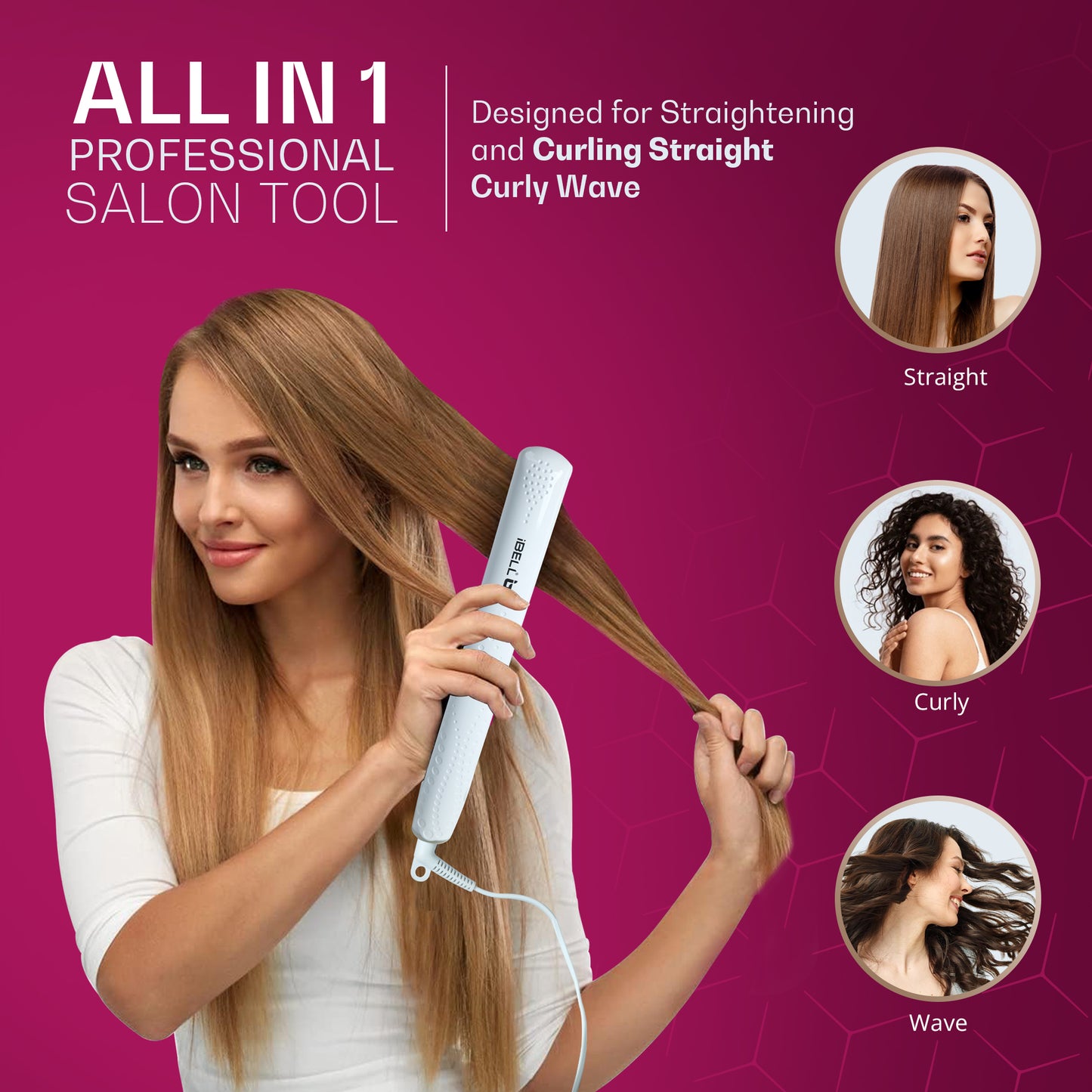 IBELL 3-in-1 Hair Straightener for Woman | Professional Hair Curler Machine with Ceramic Plates | 200°C Salon Styling Tool | Straight, Curl & Wave | Hair Straightening Lasts 2–3 Hours | LED Indicator & 1-Year Warranty