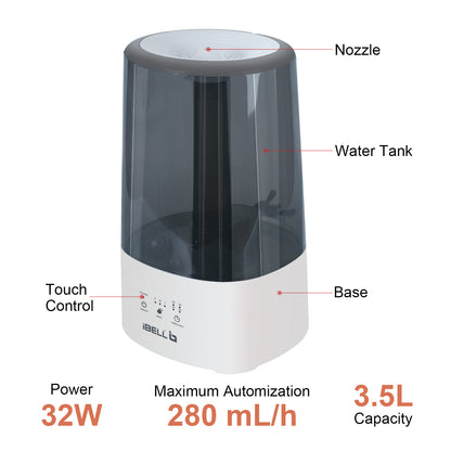 iBELL HU350P Humidifier – 3.5 L Capacity, Ultra-Quiet Operation, 360° Rotating Nozzle, Adjustable Mist Control, Ambience Lights, Up to 24 Hours Continuous Run Time (Black)