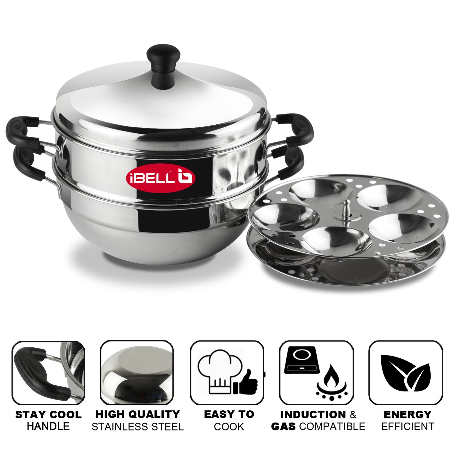 iBELL Stainless Steel 2 Plate Idli Pot with Kadai, (3L) Silver