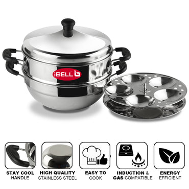 iBELL Stainless Steel 2 Plate Idli Pot with Kadai, (3L) Silver