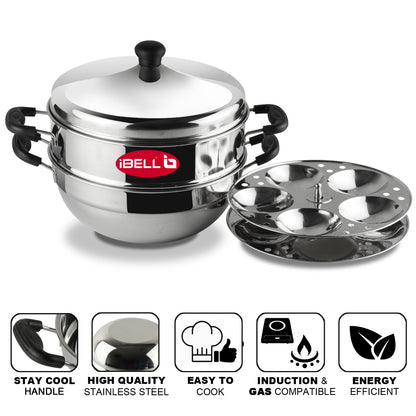 iBELL Stainless Steel 2 Plate Idli Pot with Kadai, (3L) Silver