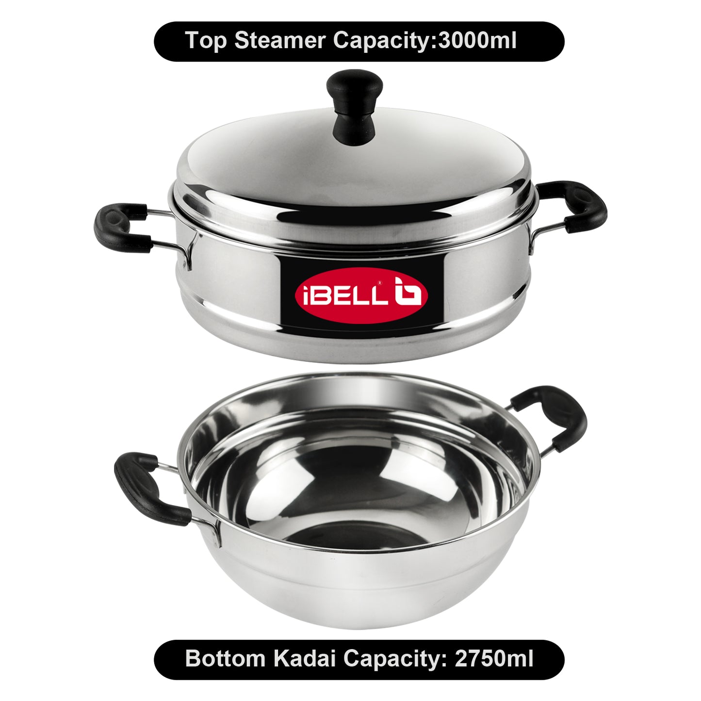 iBELL Stainless Steel 2 Plate Idli Pot with Kadai, (3L) Silver
