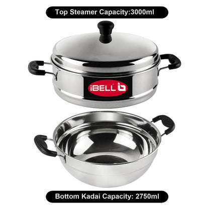 iBELL Stainless Steel 2 Plate Idli Pot with Kadai, (3L) Silver