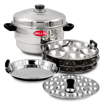 iBELL IP21P3SM High Food Grade Idly Pot Stainless Steel, Idli Pot with Steamer & Mini Idli Plate, 3 Idli Plates / 21 Idlies (Silver)
