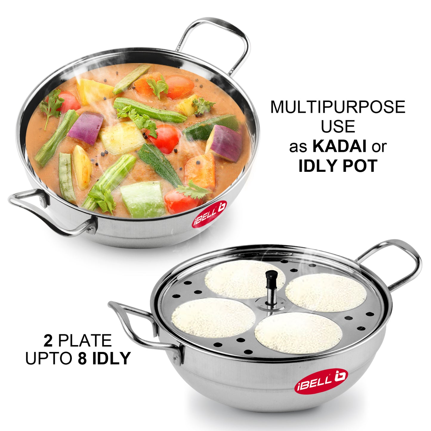iBELL Stainless Steel Idly Pot & Pan Sets (2.5L), Silver