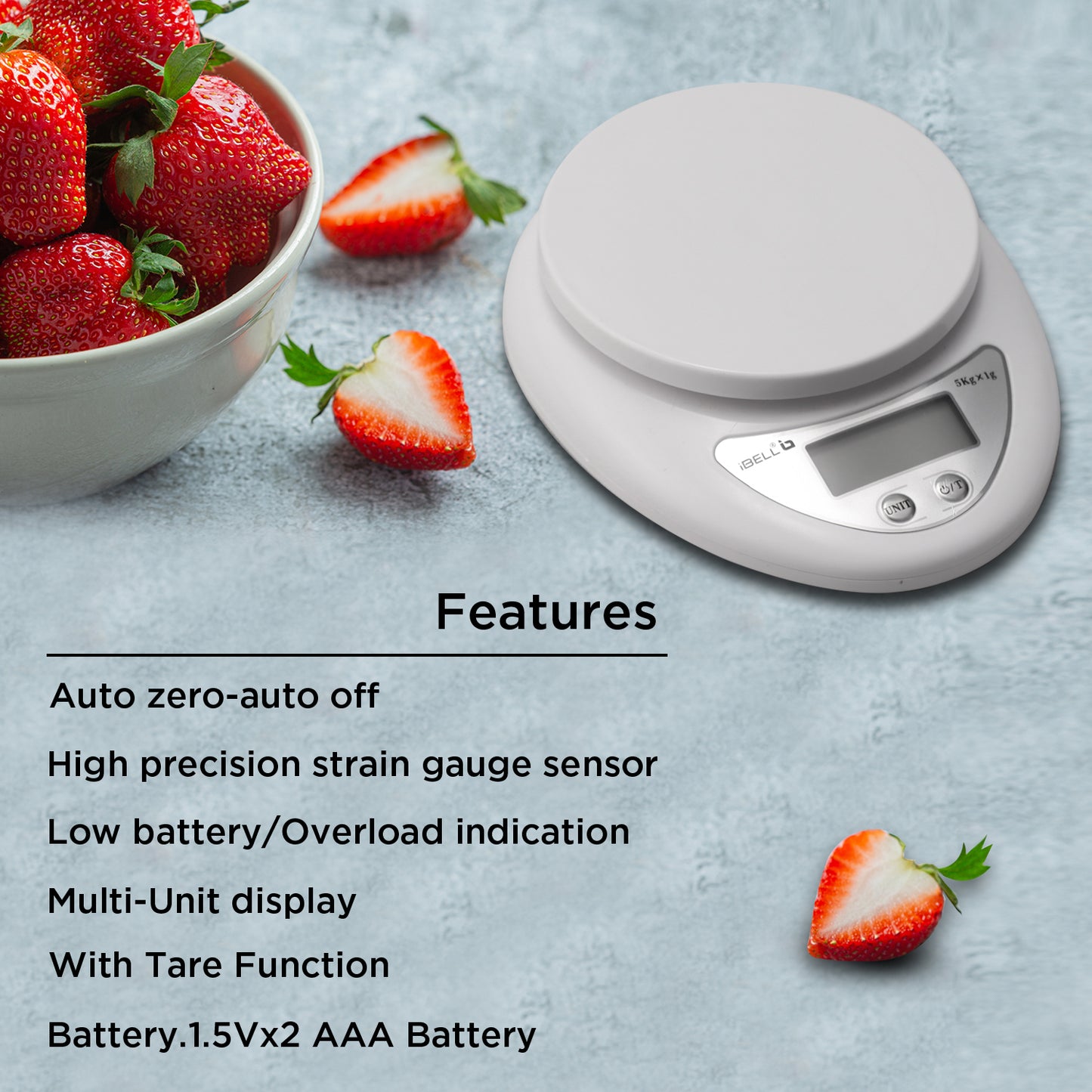 iBELL Digital Kitchen Weighing Scale for Health, LCD Display, High Precision Sensors, Tare Function, up to 5KG, Portable Food Weight Machine for Health, Fitness, Home Baking & Cooking - KS501M (White)