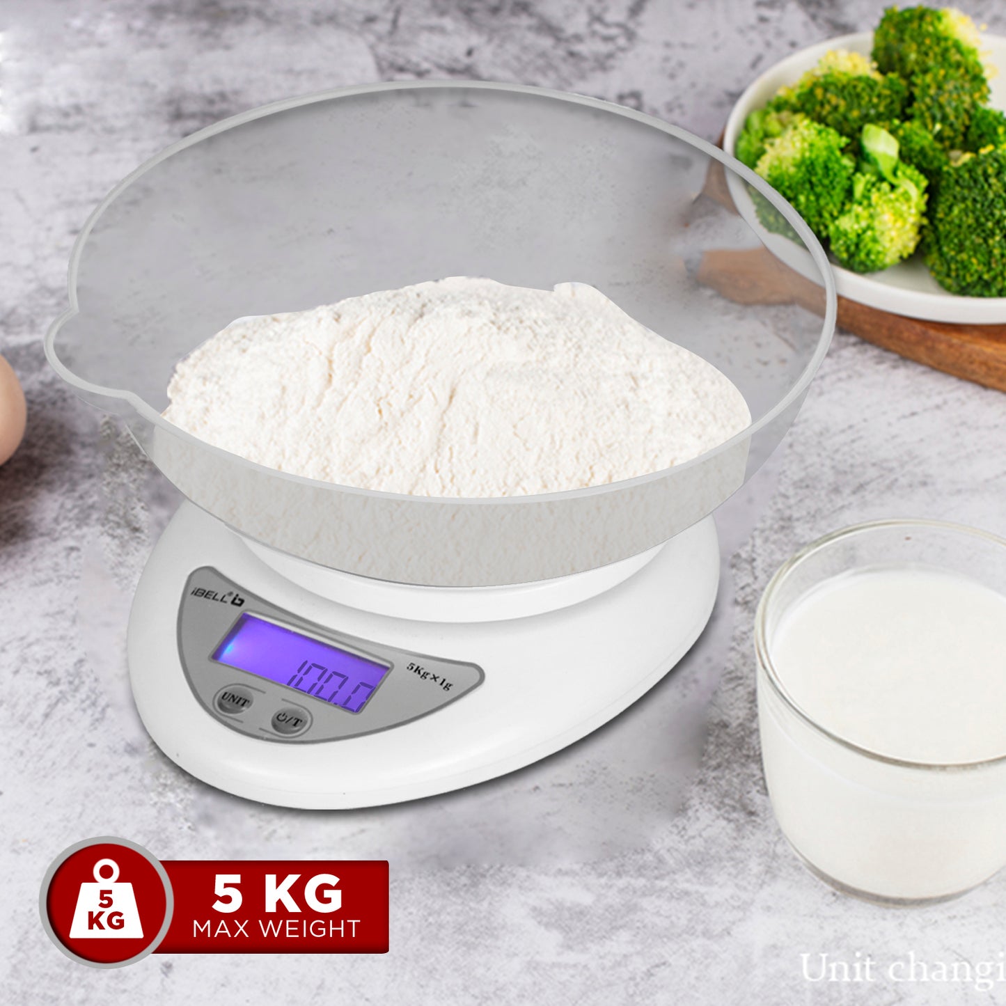 iBELL Digital Kitchen Weighing Scale for Health, LCD Display, High Precision Sensors, Tare Function, up to 5KG, Portable Food Weight Machine for Health, Fitness, Home Baking & Cooking - KS501M (White)