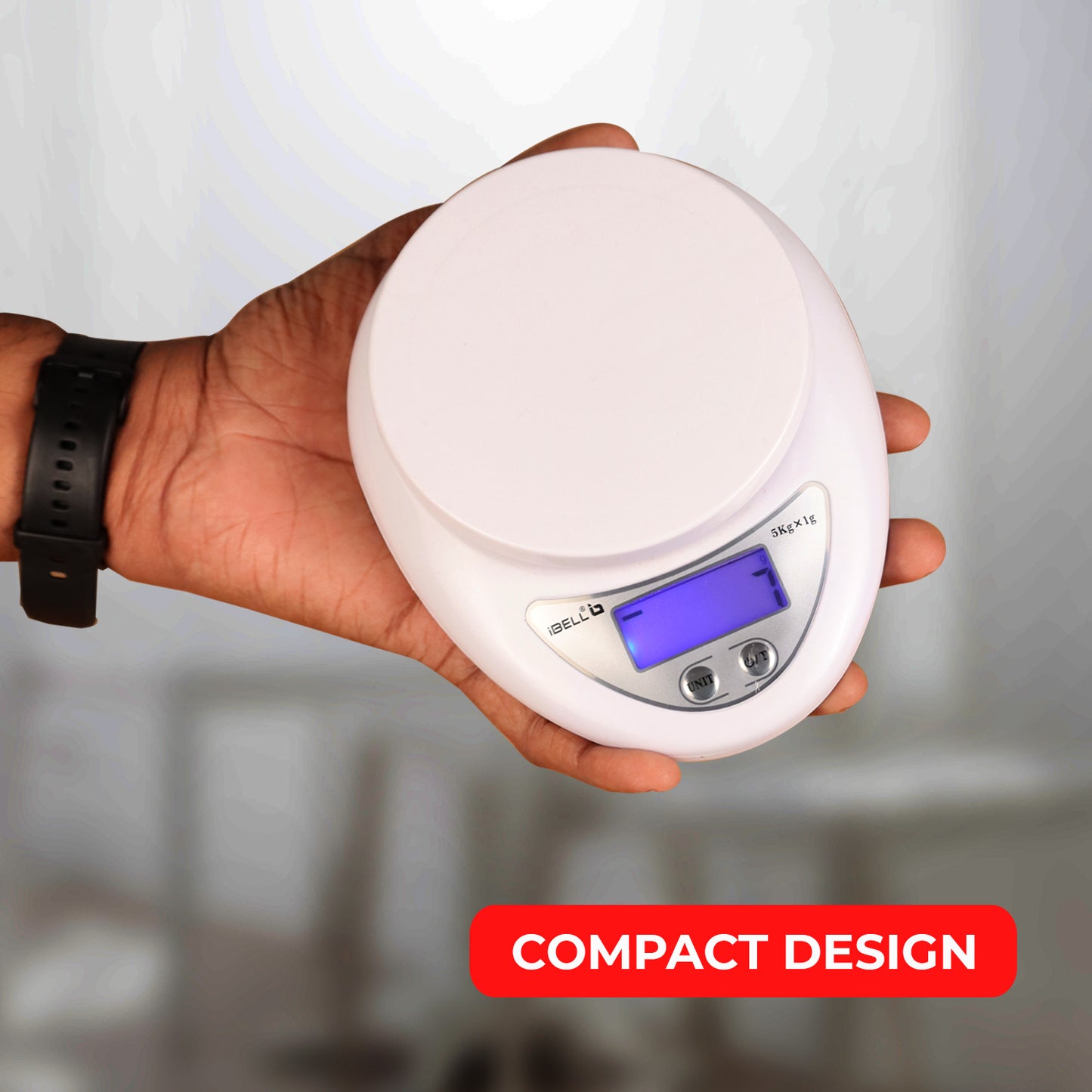 iBELL Digital Kitchen Weighing Scale for Health, LCD Display, High Precision Sensors, Tare Function, up to 5KG, Portable Food Weight Machine for Health, Fitness, Home Baking & Cooking - KS501M (White)