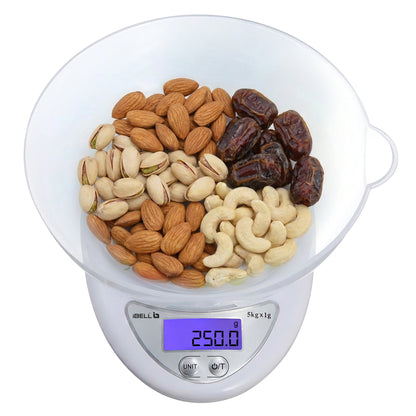 iBELL Digital Kitchen Weighing Scale for Health, LCD Display, High Precision Sensors, Tare Function, up to 5KG, Portable Food Weight Machine for Health, Fitness, Home Baking & Cooking - KS501M (White)