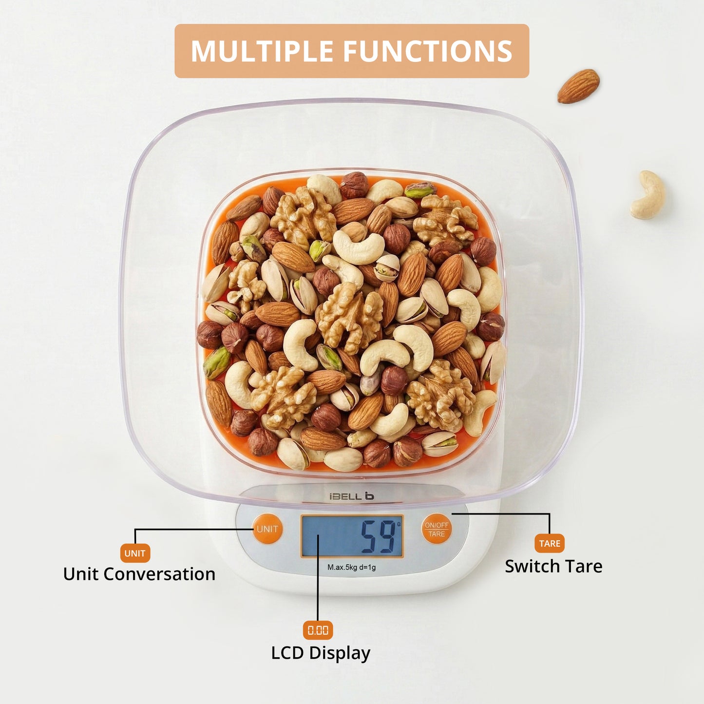 iBELL Digital Kitchen Weighing Scale for Health, LCD Display, High Precision Sensors, Tare Function, up to 5KG, Portable Food Weight Machine for Health, Fitness, Home Baking & Cooking - KS502 (Orange)