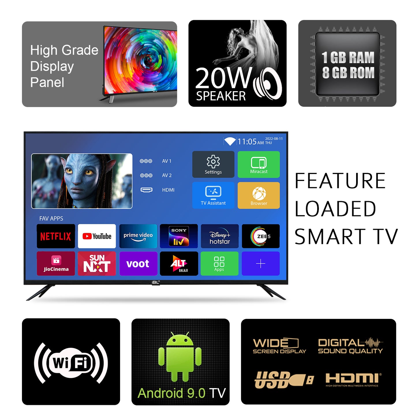 IBELL 80cm (32 inches) Smart LED TV - HD Ready, Android 9.0, Smart Features, Crisp Display, Sleek Design (Black)