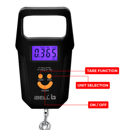 iBELL Rechargeable Weight Machine For Luggage Weighing Scale, Portable, 50 KG, Hook Type with Digital LED Screen & Tare Function, LS510RM (Black)