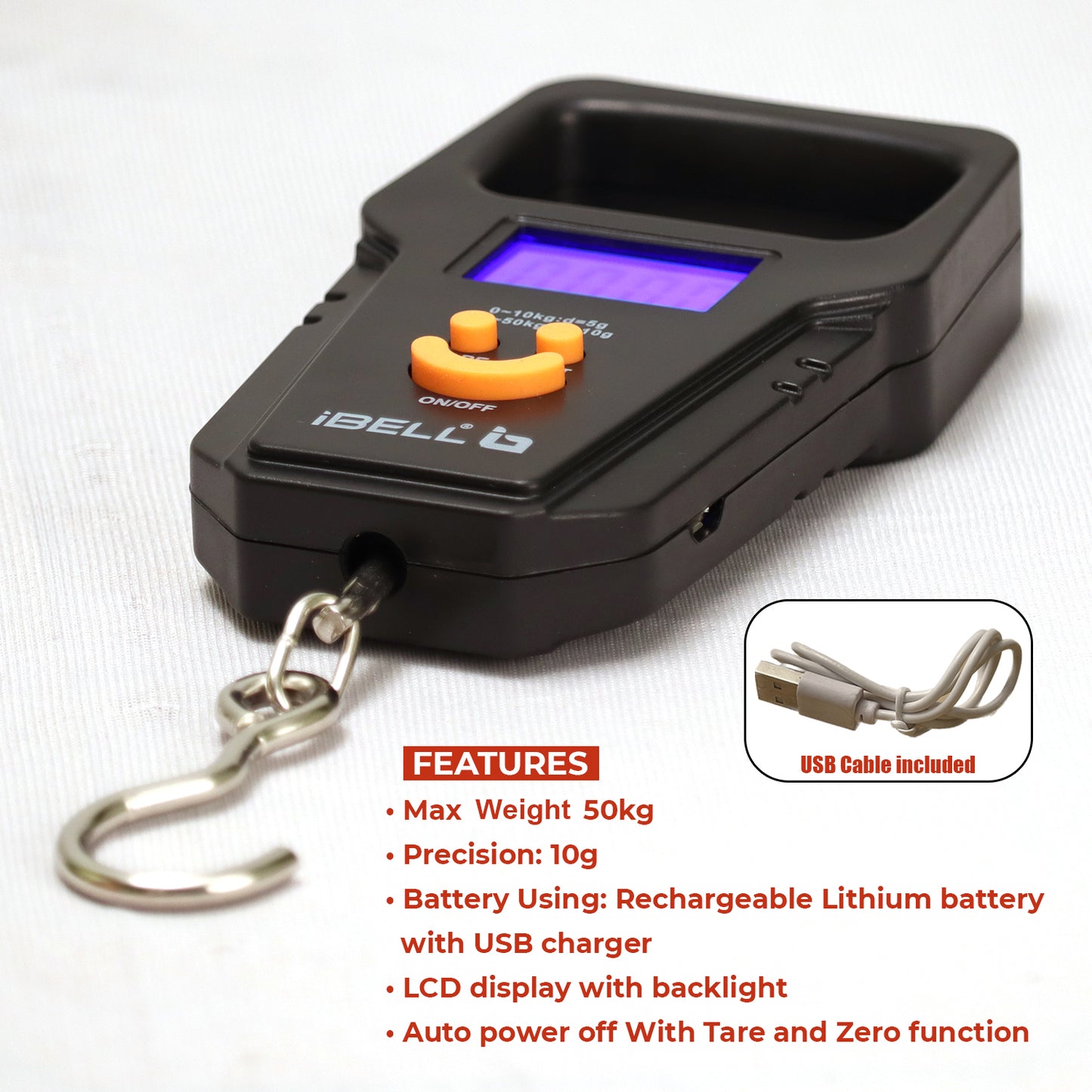 iBELL Rechargeable Weight Machine For Luggage Weighing Scale, Portable, 50 KG, Hook Type with Digital LED Screen & Tare Function, LS510RM (Black)