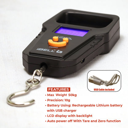 iBELL Rechargeable Weight Machine For Luggage Weighing Scale, Portable, 50 KG, Hook Type with Digital LED Screen & Tare Function, LS510RM (Black)