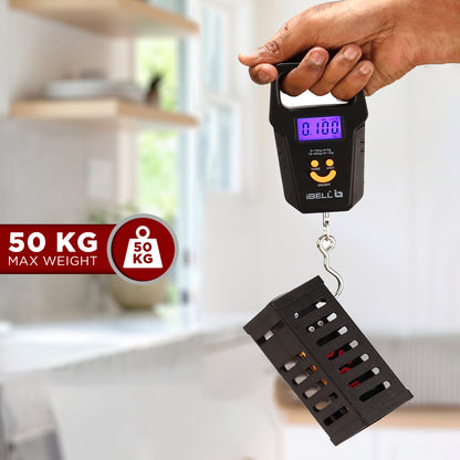 iBELL Rechargeable Weight Machine For Luggage Weighing Scale, Portable, 50 KG, Hook Type with Digital LED Screen & Tare Function, LS510RM (Black)