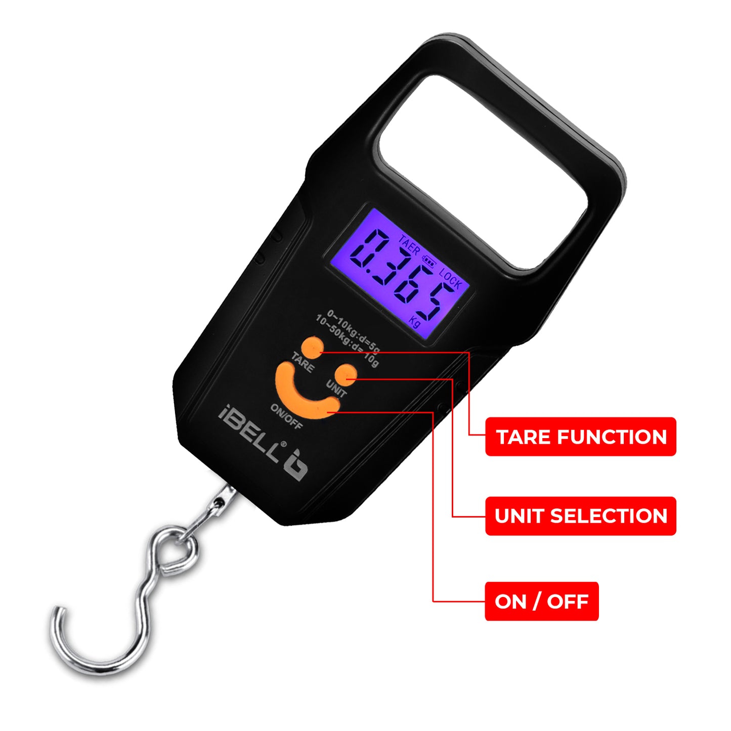 iBELL Rechargeable Weight Machine For Luggage Weighing Scale, Portable, 50 KG, Hook Type with Digital LED Screen & Tare Function, LS510RM (Black)
