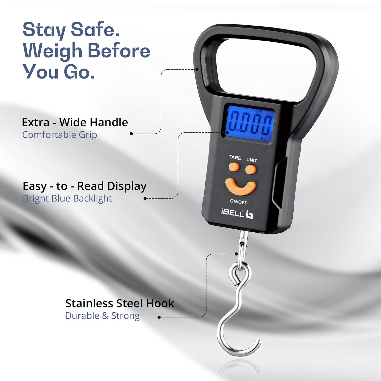 iBELL LS520M Luggage Weighing Scale, Portable, 50 KG, Hook Type with Digital LED Screen, Tare Function, Auto Power off, Data Look Function, Over Load & Low battery Indicator (Black)