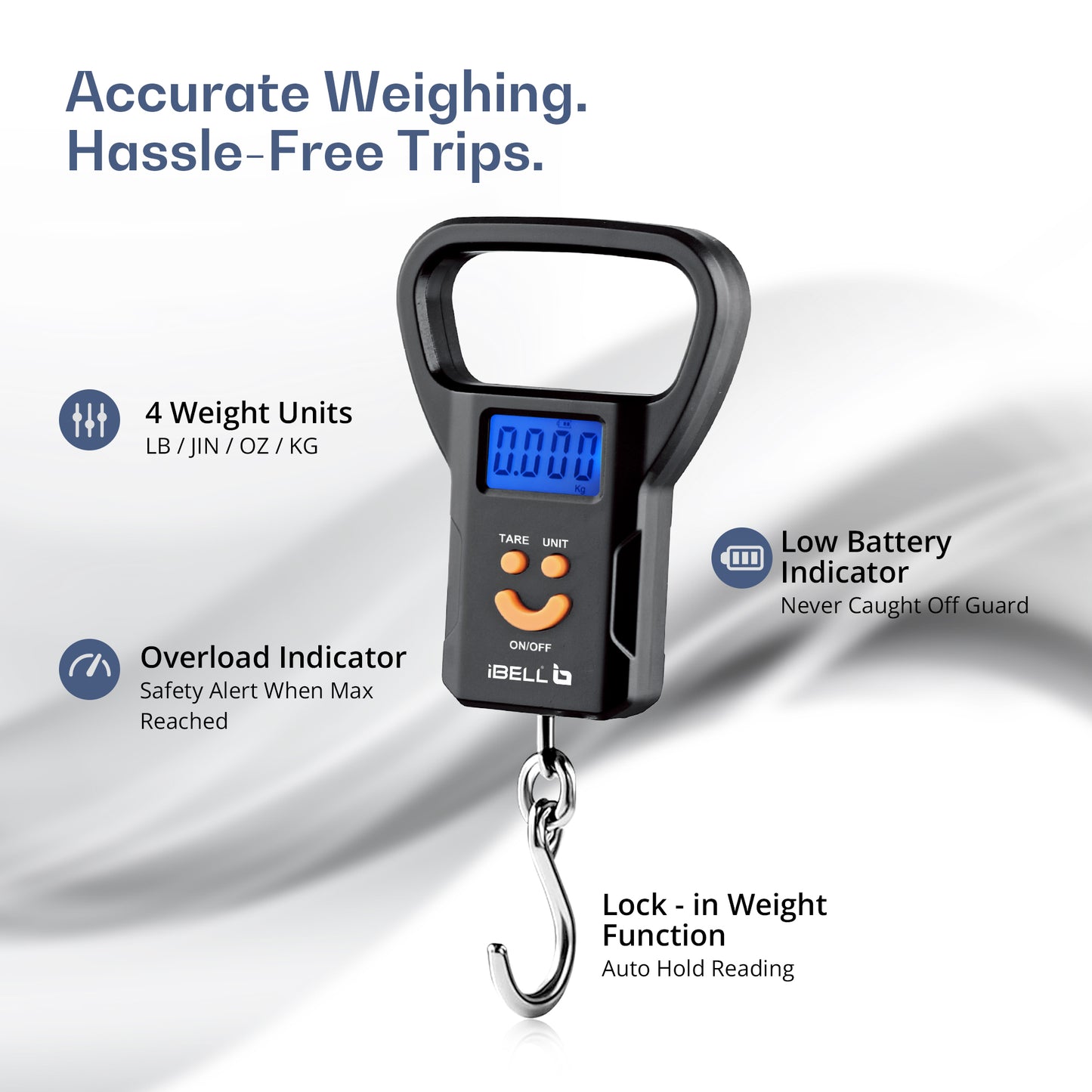 iBELL LS520M Luggage Weighing Scale, Portable, 50 KG, Hook Type with Digital LED Screen, Tare Function, Auto Power off, Data Look Function, Over Load & Low battery Indicator (Black)