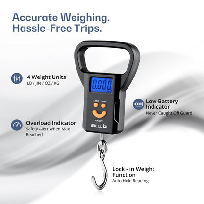 iBELL LS520M Luggage Weighing Scale, Portable, 50 KG, Hook Type with Digital LED Screen, Tare Function, Auto Power off, Data Look Function, Over Load & Low battery Indicator (Black)