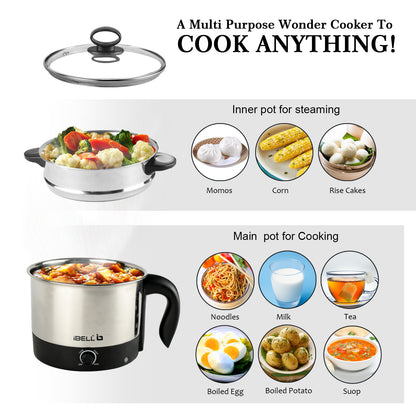 IBELL MPK12M Multipurpose Electric Kettle, 1.2 Litre, 600W, 2 Cooking Pots & Egg Boiler, Temperature Control, For boiling Water, Egg, Stainless Steel Body (Silver)