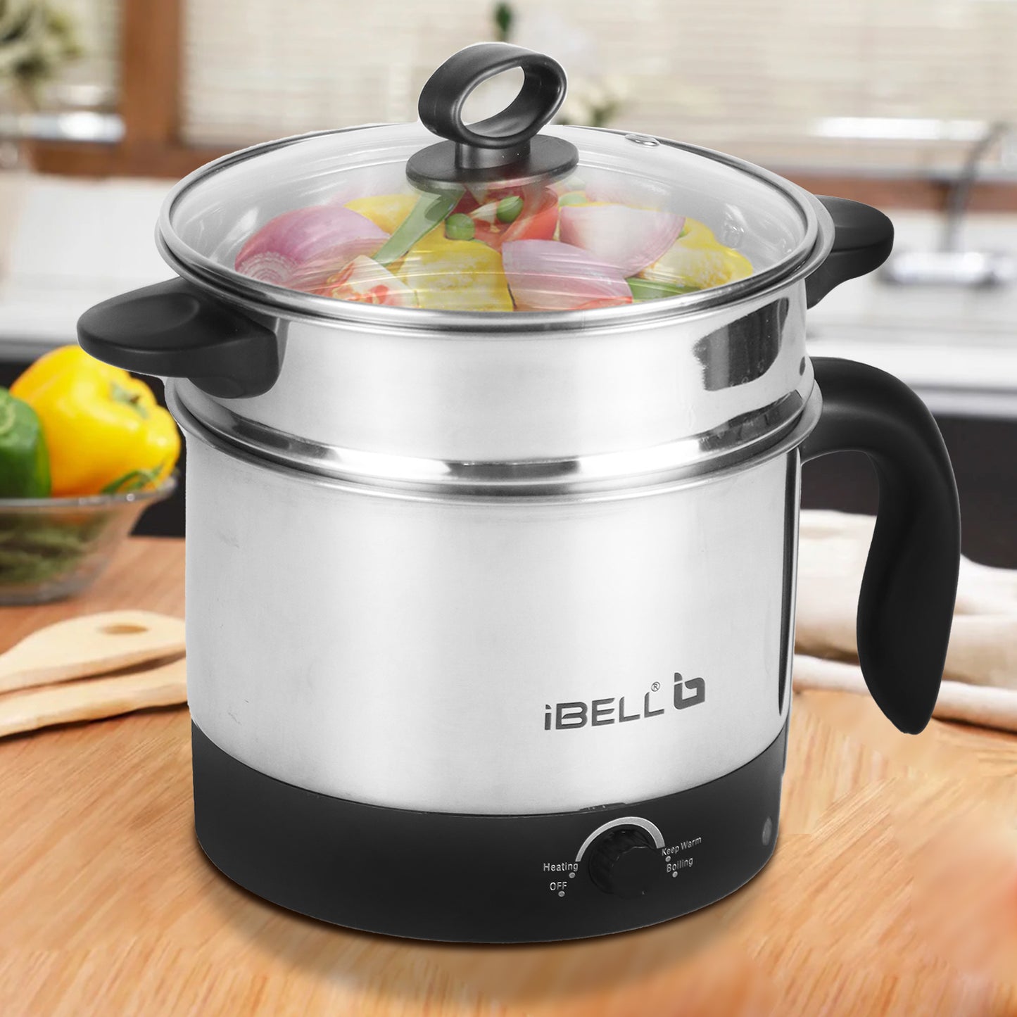 IBELL MPK12M Multipurpose Electric Kettle, 1.2 Litre, 600W, 2 Cooking Pots & Egg Boiler, Temperature Control, For boiling Water, Egg, Stainless Steel Body (Silver)