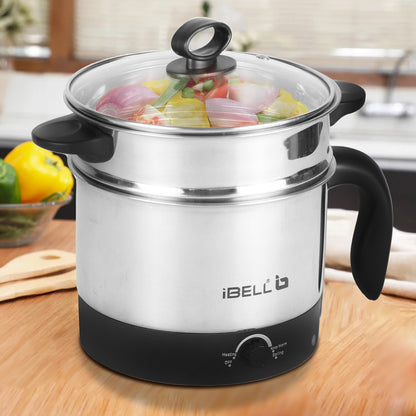 IBELL MPK12M Multipurpose Electric Kettle, 1.2 Litre, 600W, 2 Cooking Pots & Egg Boiler, Temperature Control, For boiling Water, Egg, Stainless Steel Body (Silver)