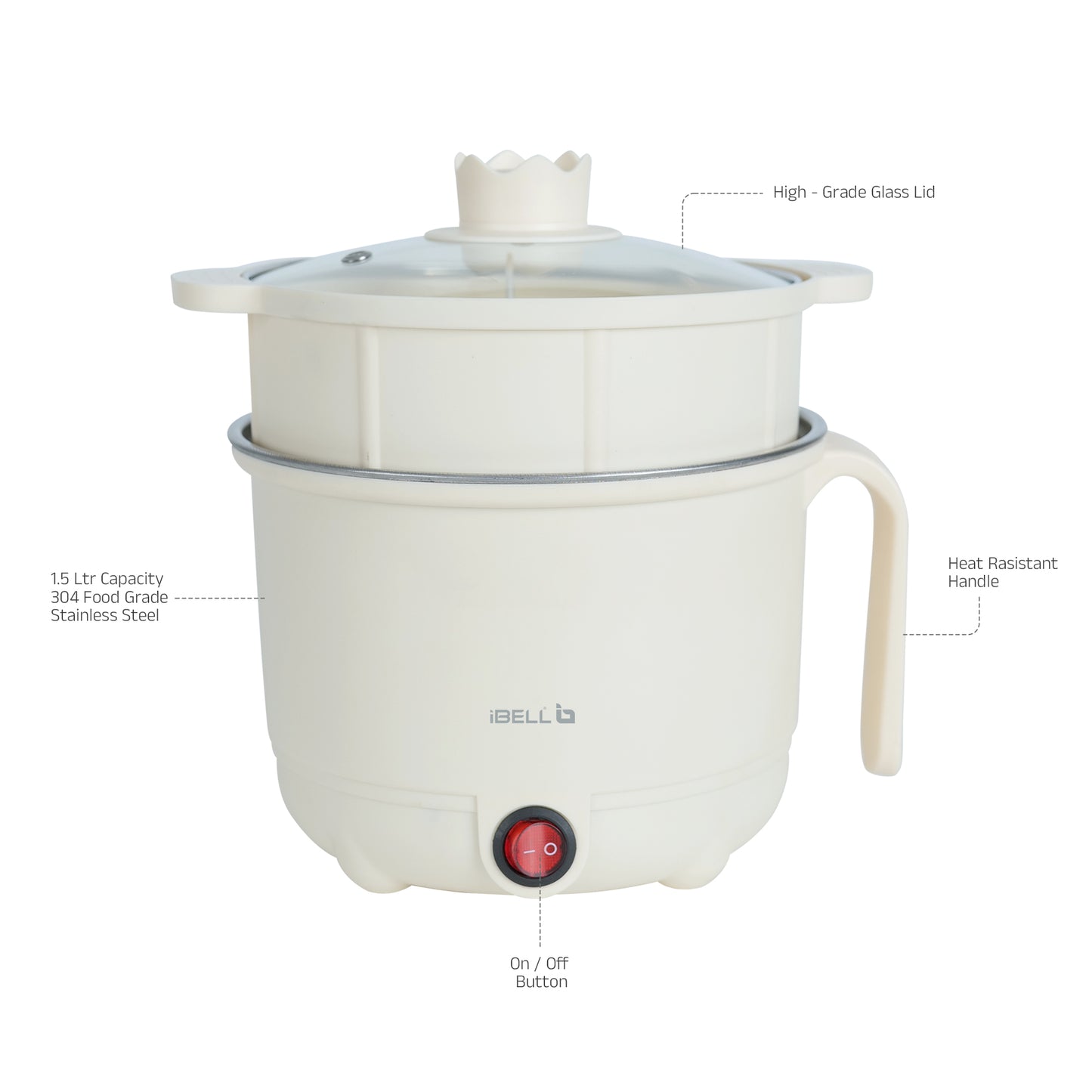 IBELL MPK150PM Multipurpose Electric Kettle, 1.5 Litre, 600W, 2 Cooking Pots & Egg Boiler, Temperature Control, For boiling Water, Egg, Stainless Steel Body (White)