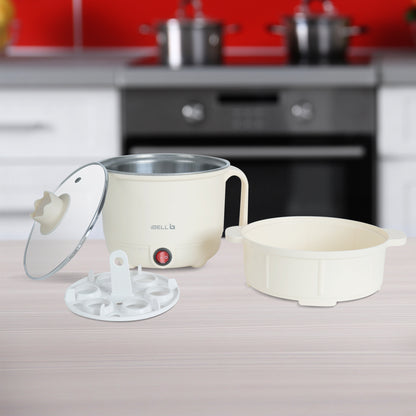 IBELL MPK150PM Multipurpose Electric Kettle, 1.5 Litre, 600W, 2 Cooking Pots & Egg Boiler, Temperature Control, For boiling Water, Egg, Stainless Steel Body (White)