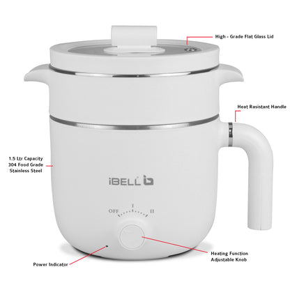 IBELL MPK15M Multipurpose Electric Kettle, 1.5 Litre, 800W, 2 Cooking Pots & Egg Boiler, Temperature Control, For boiling Water, Egg, Stainless Steel Body (White)