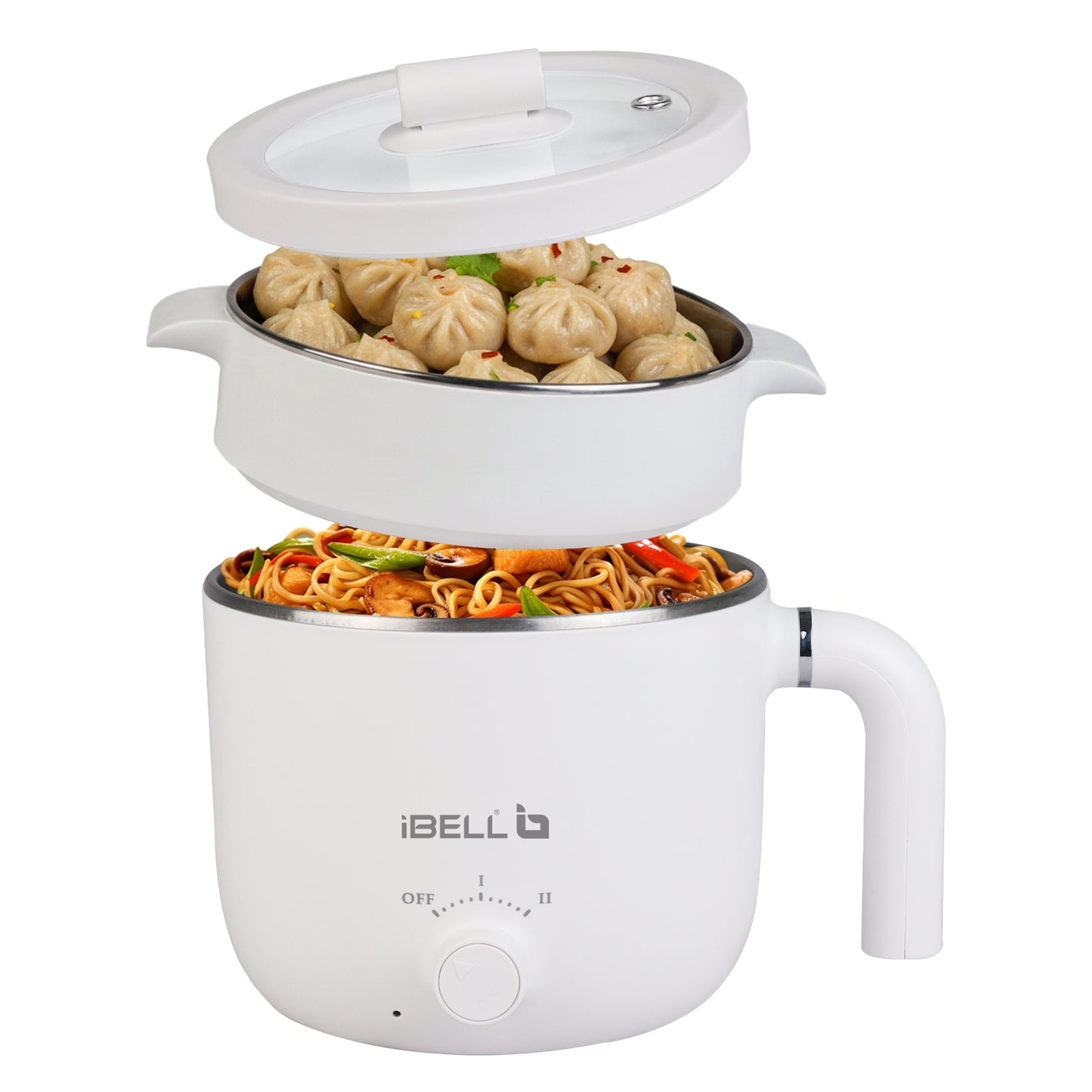 IBELL MPK15M Multipurpose Electric Kettle, 1.5 Litre, 800W, 2 Cooking Pots & Egg Boiler, Temperature Control, For boiling Water, Egg, Stainless Steel Body (White)