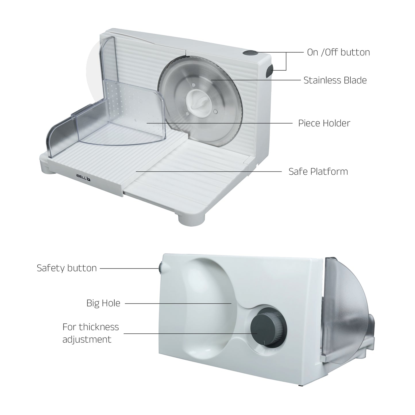 iBELL MS170M Electric Meat Slicer Foldable Portable, 850W, Stainless Steel Blade, Heavy Duty Meat Slicer (White)