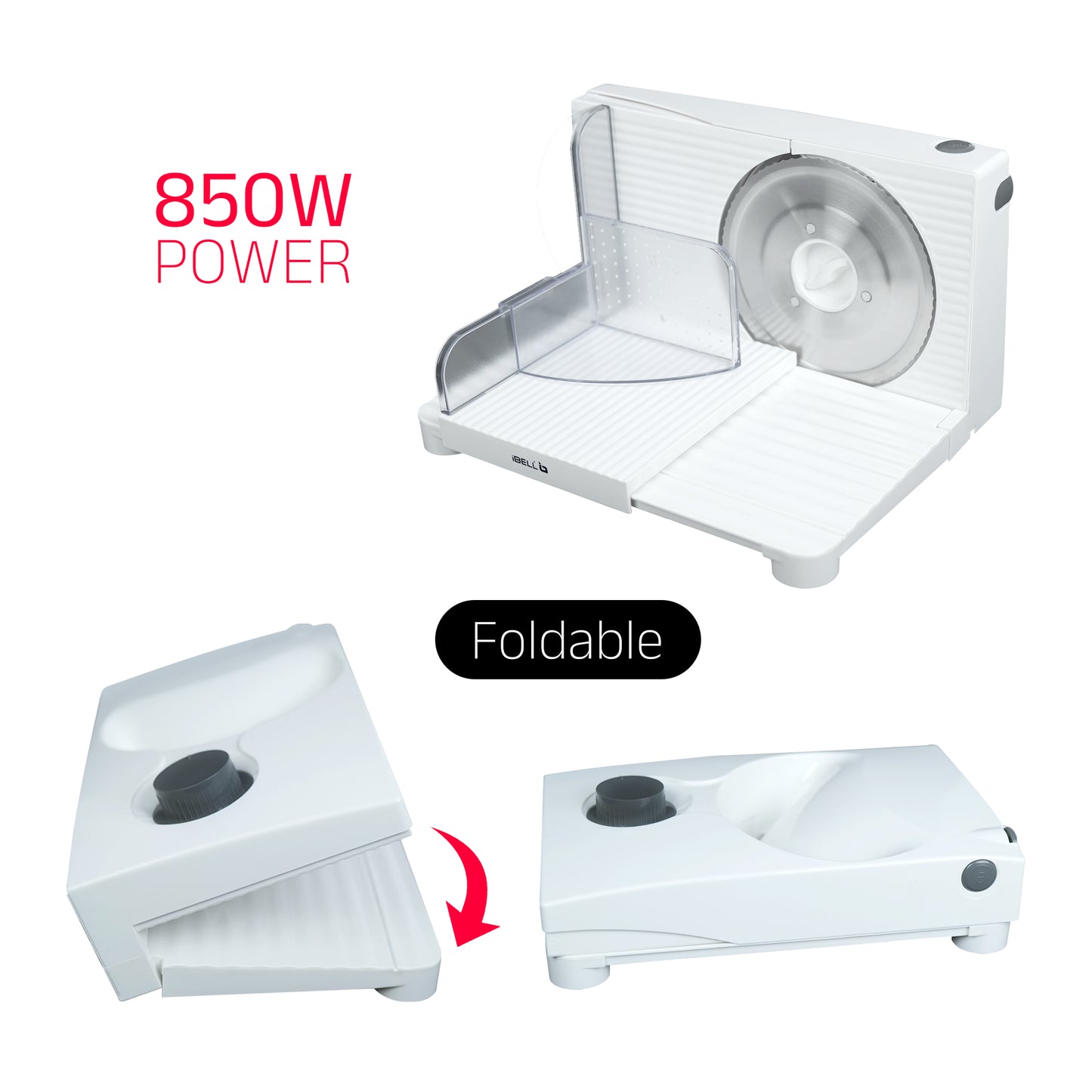 iBELL MS170M Electric Meat Slicer Foldable Portable, 850W, Stainless Steel Blade, Heavy Duty Meat Slicer (White)