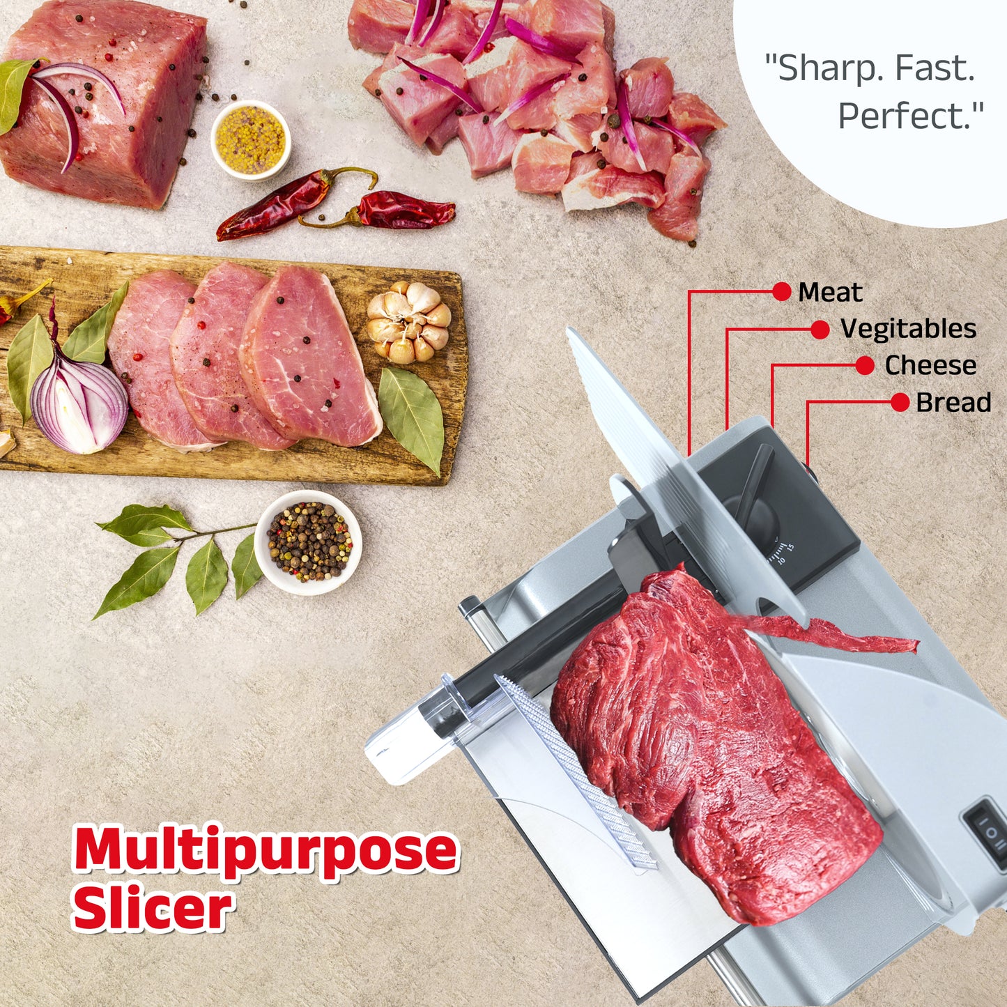 iBELL MS2330MN Electric Meat Slicer,1000W, Heavy Duty Meat Cutter, Chopper & Mincer with Stainless Steel Blade for Boneless Meat/Bread/Cheese/Vegetables (Silver)