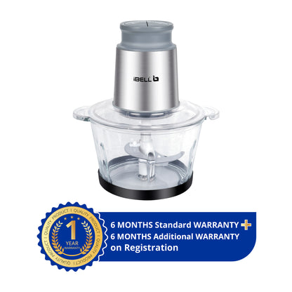 IBELL MT200GM Electric Chopper - 2 Litre Glass Bowl, 700W, Multi Purpose for Cutting Slicing Meat, Vegetables, Nuts & Fruits (Silver)