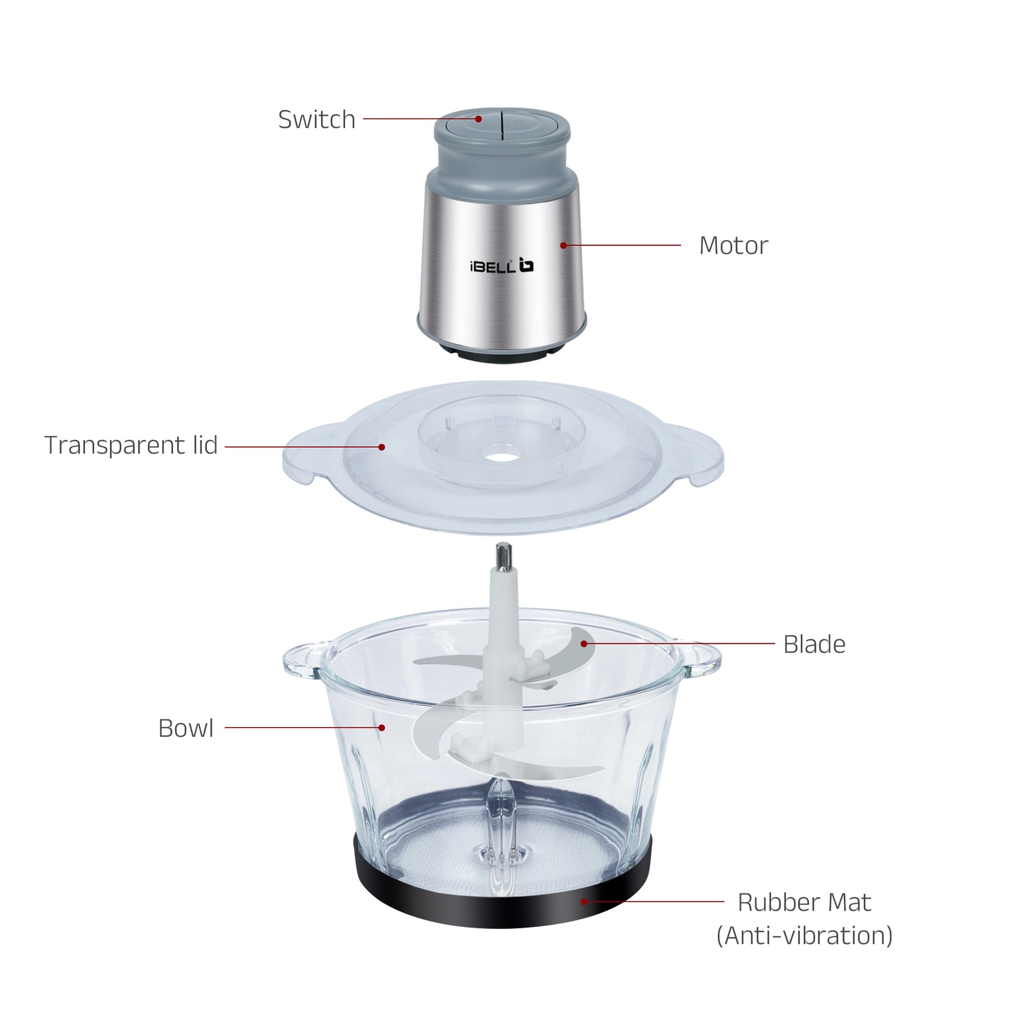 IBELL MT200GM Electric Chopper - 2 Litre Glass Bowl, 700W, Multi Purpose for Cutting Slicing Meat, Vegetables, Nuts & Fruits (Silver)