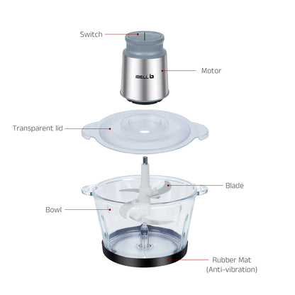 IBELL MT200GM Electric Chopper - 2 Litre Glass Bowl, 700W, Multi Purpose for Cutting Slicing Meat, Vegetables, Nuts & Fruits (Silver)
